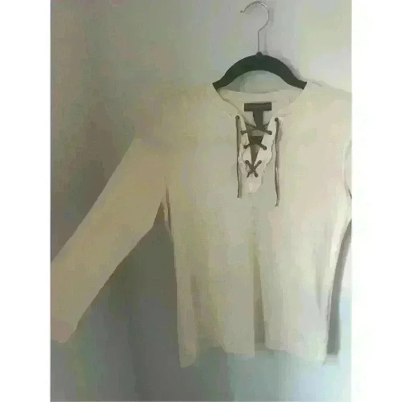 Lauren Ralph Lauren long sleeve top size M Petite Lace-Up Waffle-Knit cream - Picture 3 of 6